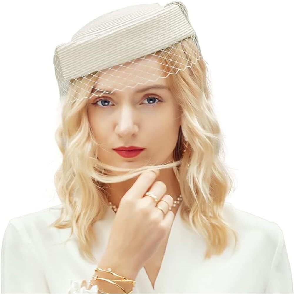 1809 British Vintage Elegant Pillbox Hat with Veil Bowknot Bridal Wedding